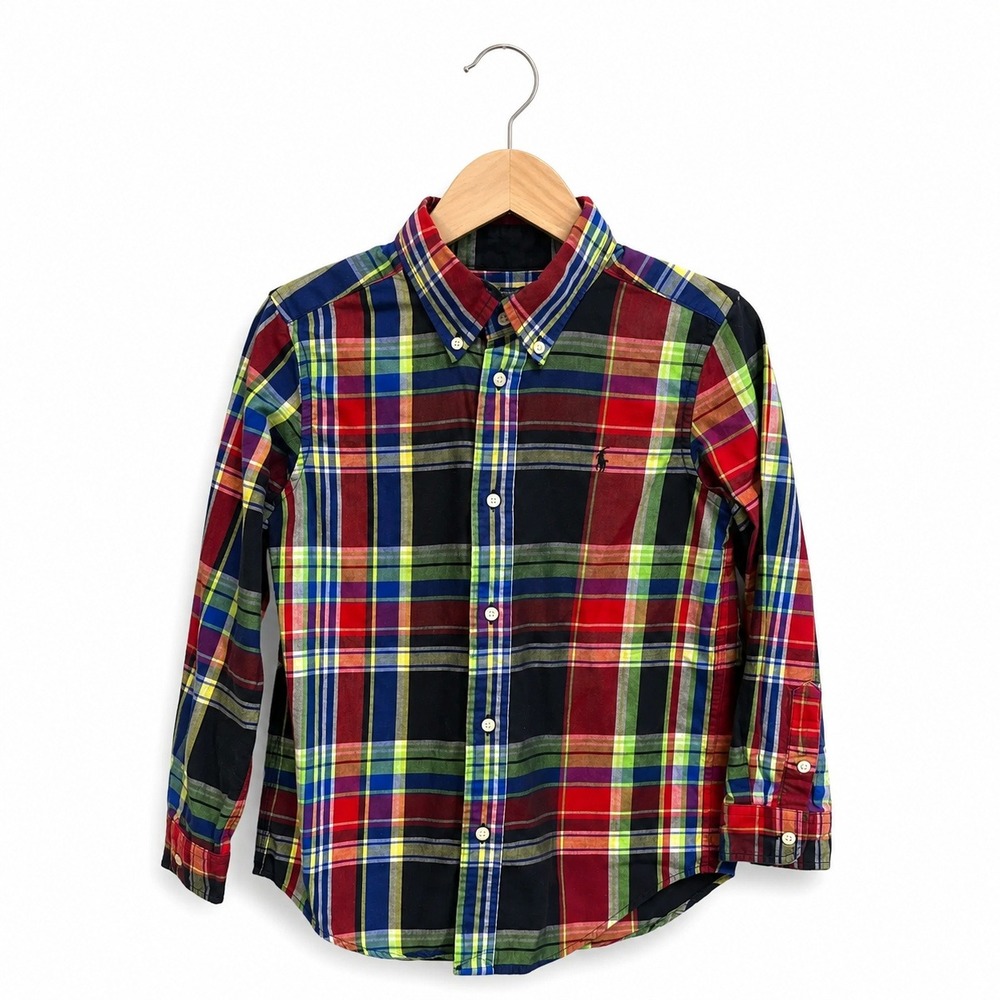 Ralph Lauren Boys Multi Color Plaid Cotton Button Down Shirt Size 7 Long Sleeve‎